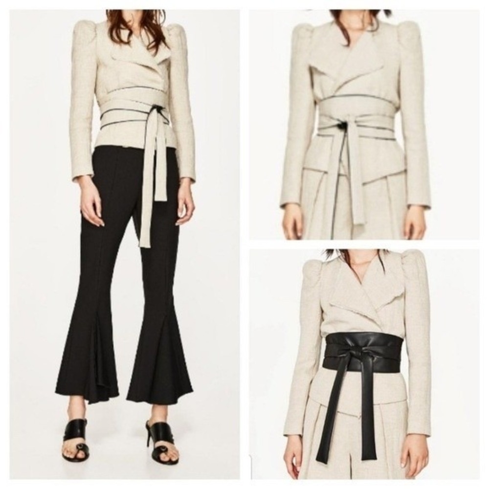 ZARA BASIC COLLECTION Linen Blend Puff Sleeve Wrap Jacket Blazer Beige S NWT